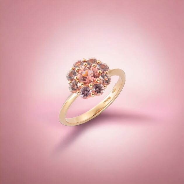 Anello Isabella con tormalina rosa pesca e zaffiri rosa pesca